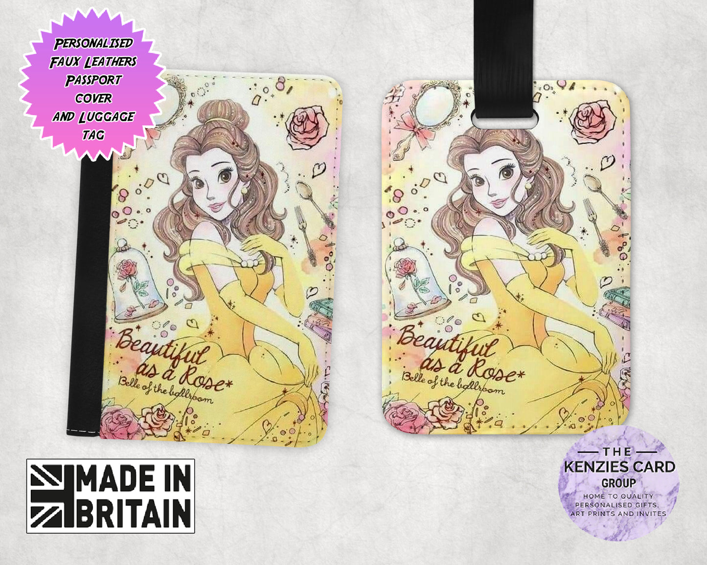 Personalised Dinsey Belle Beauty and The Beast Passport Cover and Luggage Tag Sets