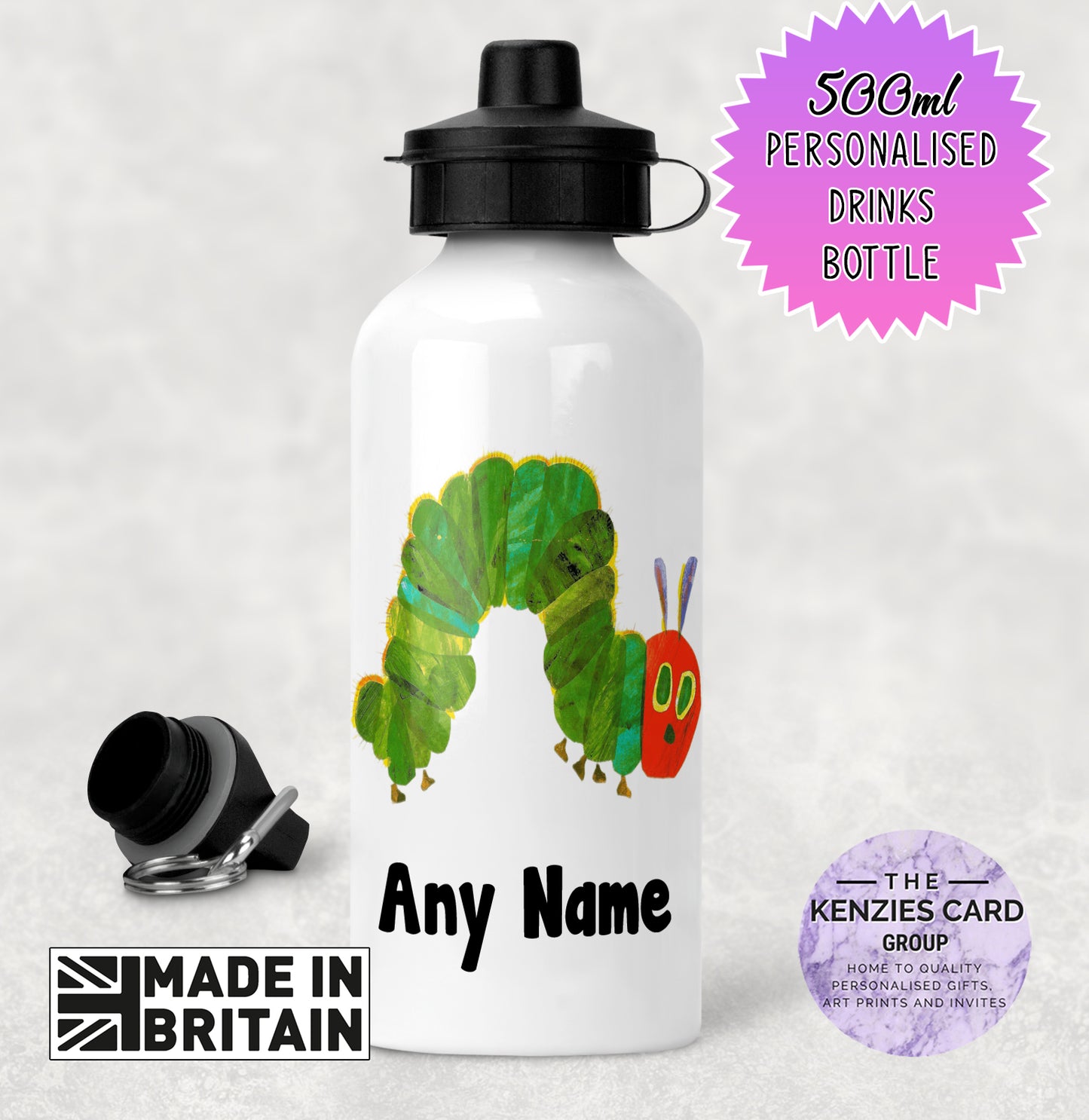 Personalised Very Hungry Caterpillar 500 White Metal Water Bottle