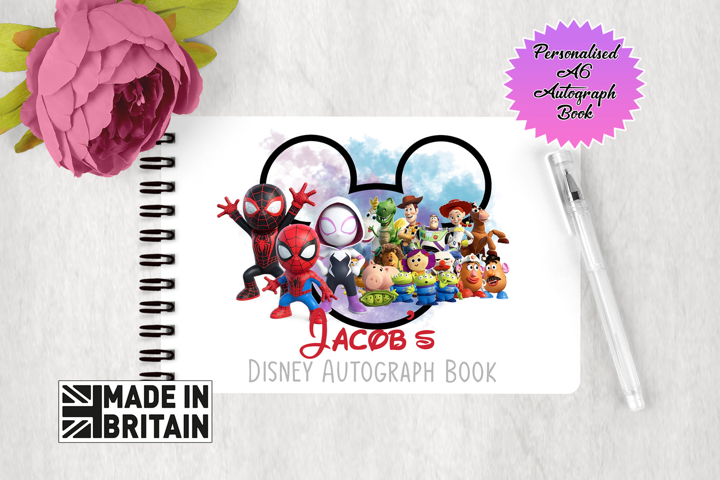 Personalised Disney Autograph Book - Toy Story and Amazing Spiderman and Friends Edition V2