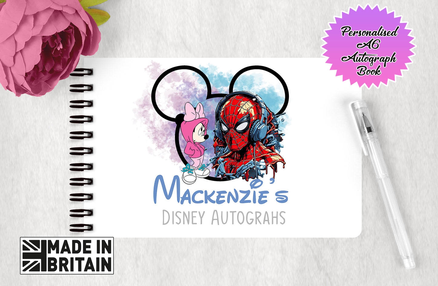 Personalised Disney Autograph Book -Minnie and Spiderman - Custom
