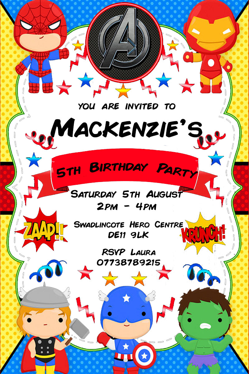 Personalised Superhero Birthday Party Invitations - Superhero Edition V8