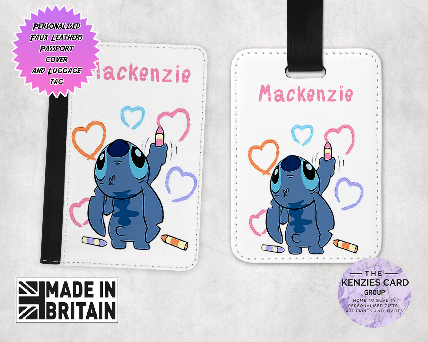 Personalised Dinsey Lilo and Stitch Crayon Stitch Matching Passport and Luggage Tag Sets