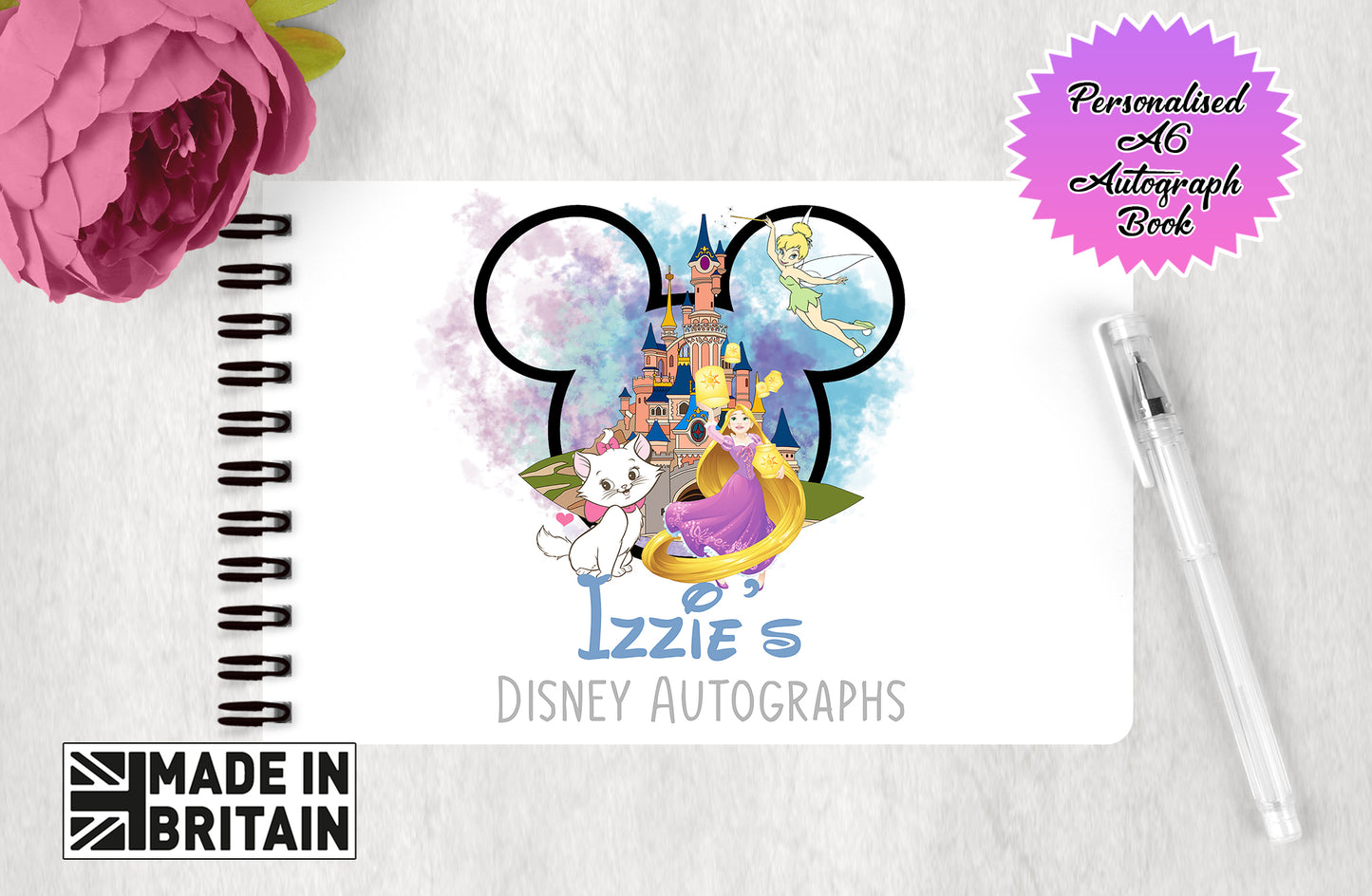 Personalised Disney Autograph Book - Custom Character Edition - Marie, Tinkerbelle and Rapunzel