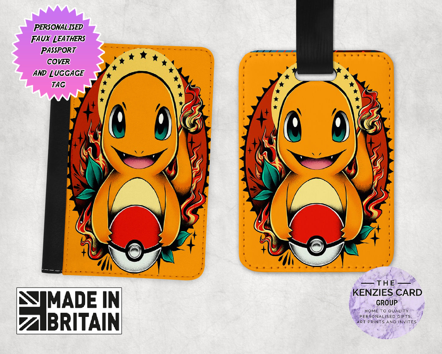 Personalised Pokemon Pikachu Passport Cover and Luggage Tag Sets - Charmander Edition