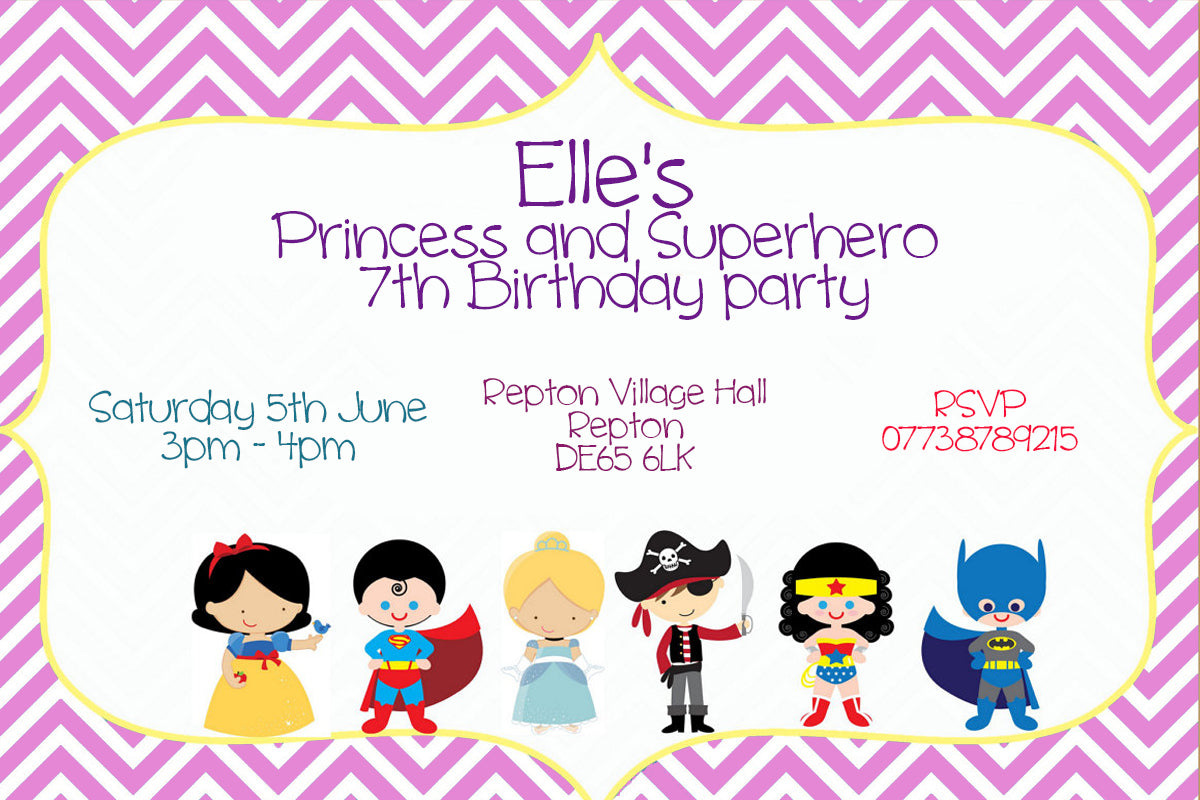 Personalised Superhero Birthday Party Invitations - Superhero And Princess Edition V3