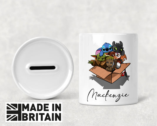 Personalised Baby Yoda Grogu Gizmo and Stitch  Ceramic Money Box - Piggy Bank
