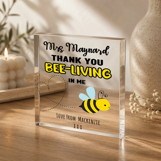 Personalised Acrylic Block Plaque Thank You Teacher Gift for TA Nursery Gift - Bumble Bee Edition V1