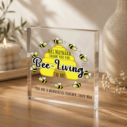 Personalised Acrylic Block Plaque Thank You Teacher Gift for TA Nursery Gift - Bumble Bee Edition V2