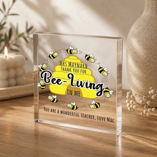 Personalised Acrylic Block Plaque Thank You Teacher Gift for TA Nursery Gift - Bumble Bee Edition V2