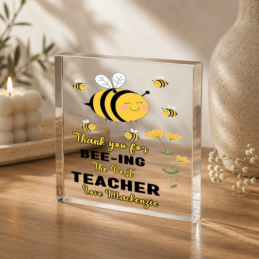 Personalised Acrylic Block Plaque Thank You Teacher Gift for TA Nursery Gift - Bumble Bee Edition V3