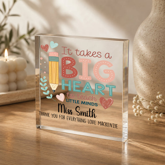 Personalised Acrylic Block Plaque Thank You Teacher Gift for TA Nursery Gift - Big Heart Edition
