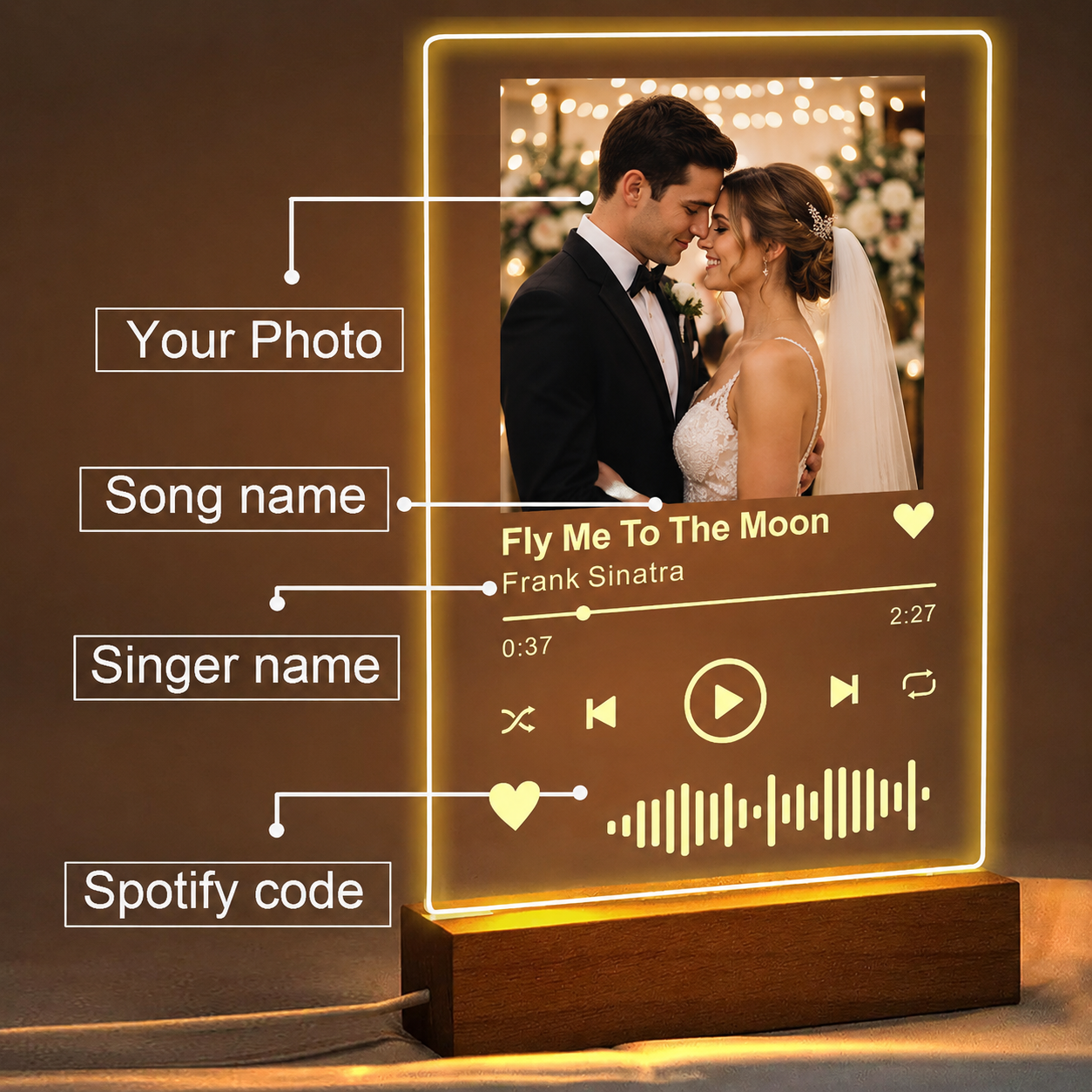 Personalised Spotify Photo Plaque with LED Light | Custom Music Gift