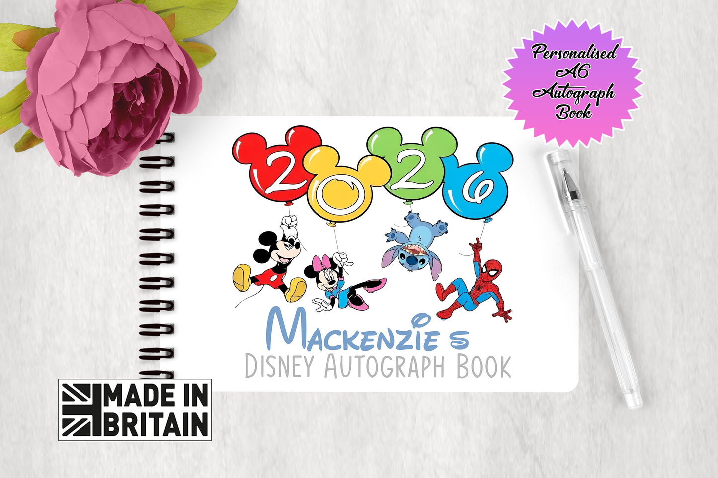 Personalised Disney Autograph Book - Mickey and Minnie Mouse, Spiderman and Stitch 2026 Ballon Edition