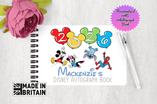 Personalised Disney Autograph Book - Mickey and Minnie Mouse, Spiderman and Stitch 2026 Ballon Edition