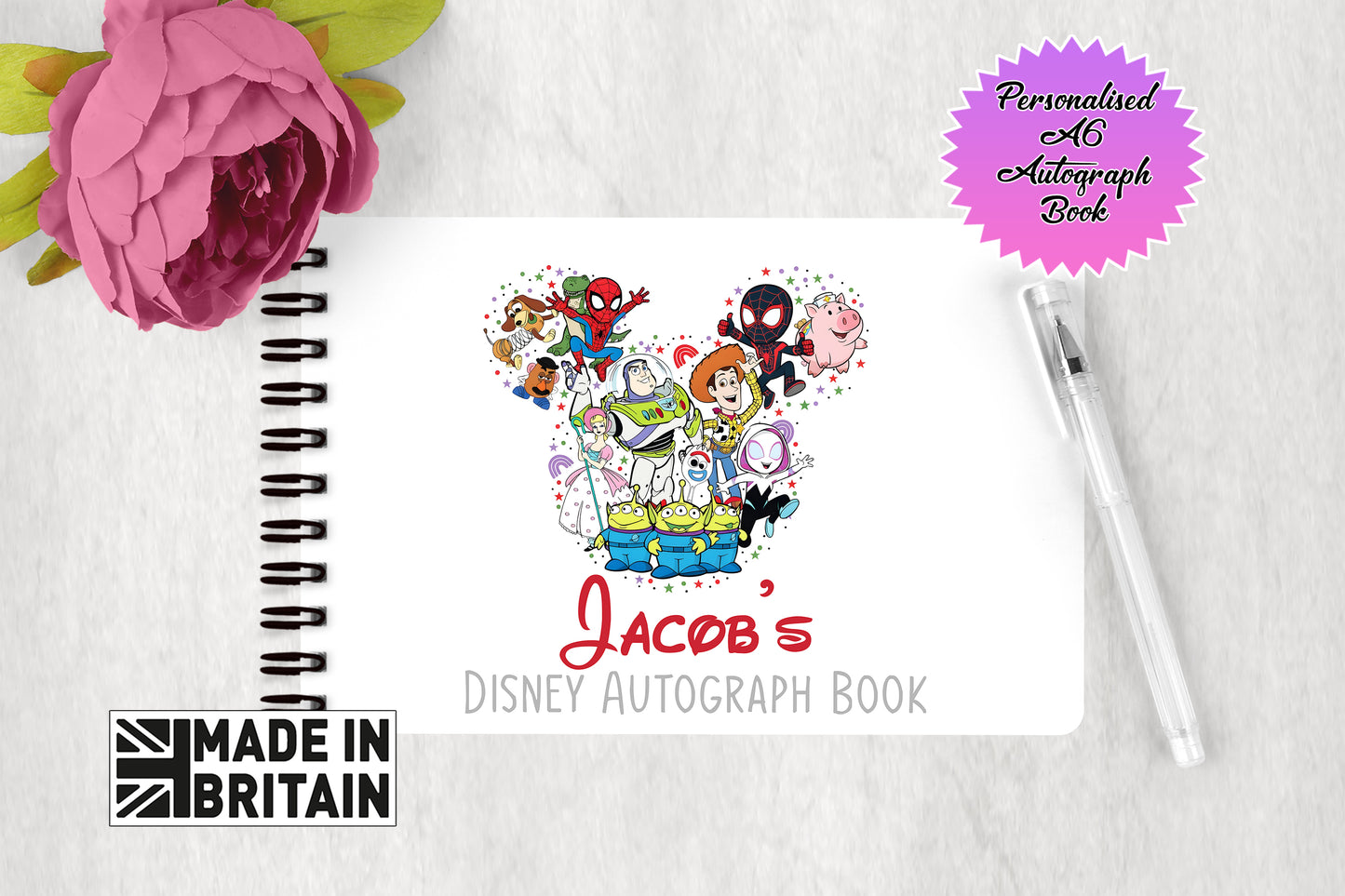 Personalised Disney Autograph Book - Toy Story and Amazing Spiderman and Friends Edition V1