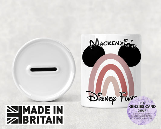 Personalised Mickey Ears Pink- Holiday Fund Money Box - Disney Savings Fund