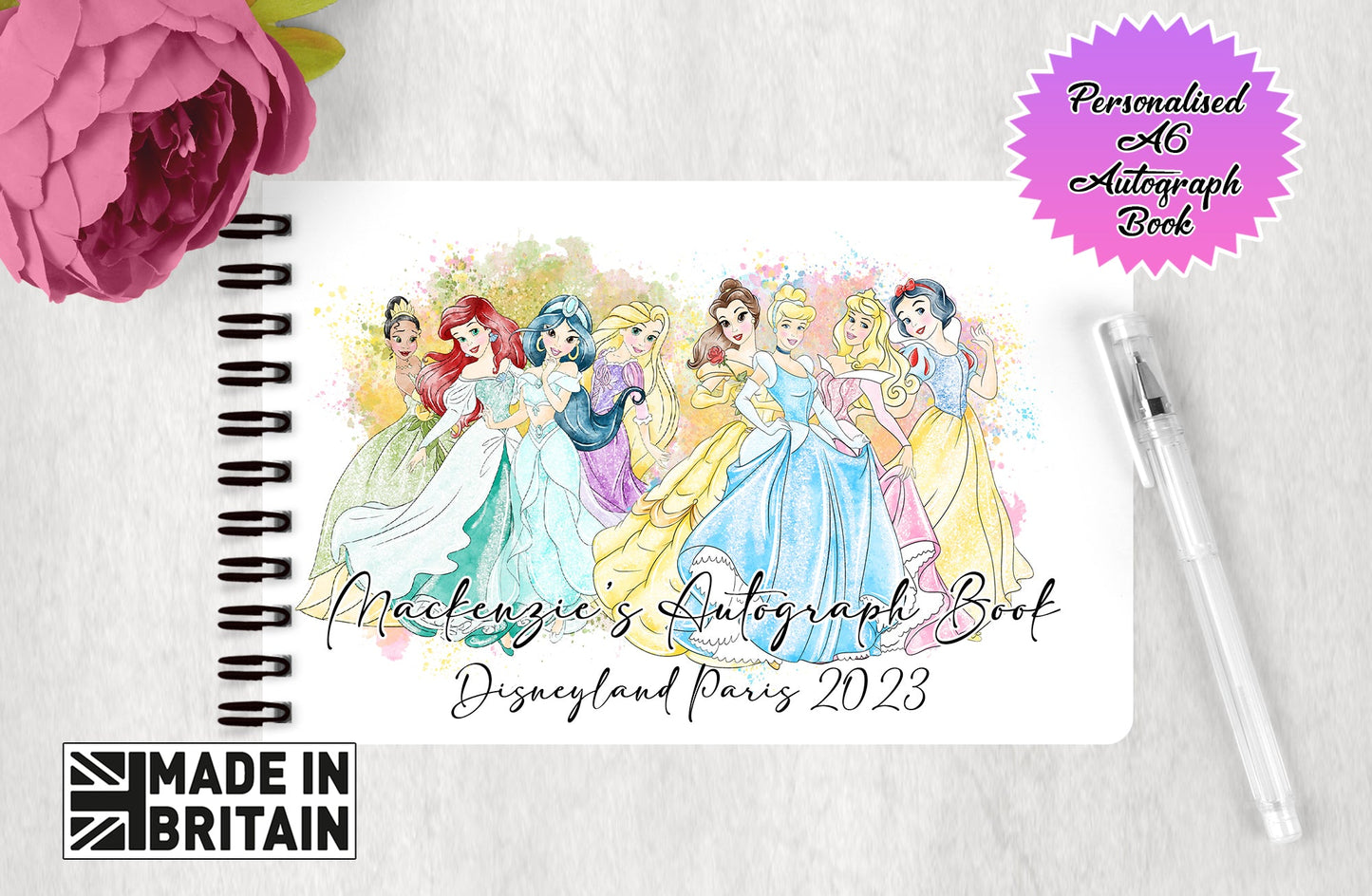 Personalised Disney Princess Autograph Book - Multi Water Colour Princess Edition