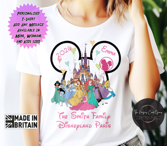 Personalised Disney Trip Matching Family Trip T Shirts - Disney Princess Disneyland or Disneyworld Edition