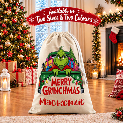 Personalised Christmas Santa Sack Gift Sack Gift Bag - The Grinch Edition V1