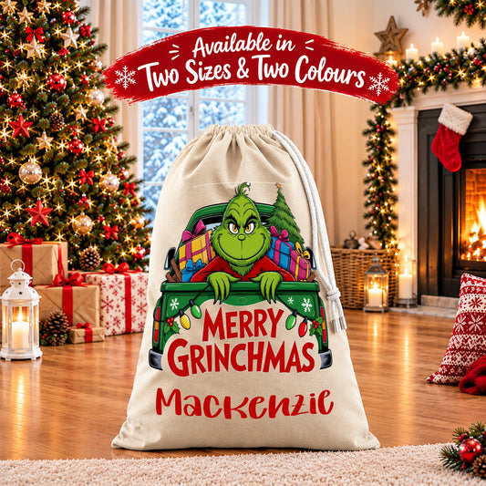 Personalised Christmas Santa Sack Gift Sack Gift Bag - The Grinch Edition V1