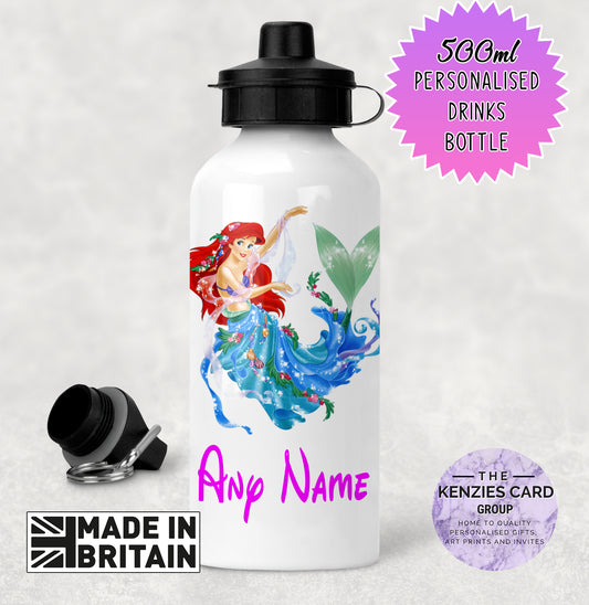 Personalised Disney Princess 500ml Metal Water Bottle - Little Meramaid Princess Ariel Edition