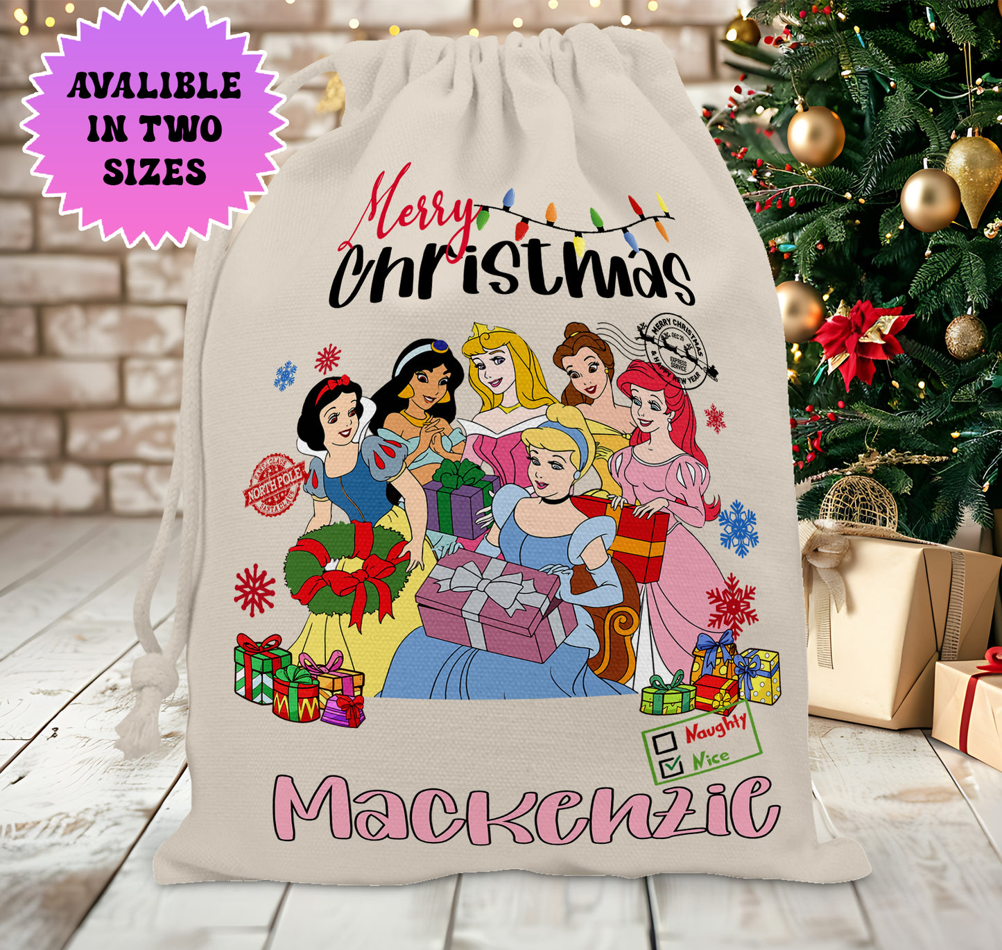 Personalised Disney Christmas Santa Sack Stocking Gift Sack - Disney Princess Edition