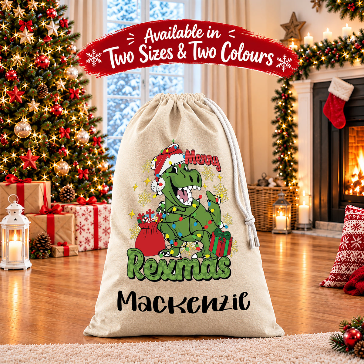 Personalised Christmas Santa Sack Gift Sack Gift Bag - Dinio Rex Edition
