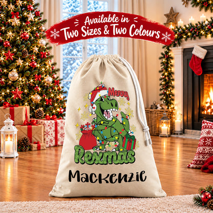 Personalised Christmas Santa Sack Gift Sack Gift Bag - Dinio Rex Edition