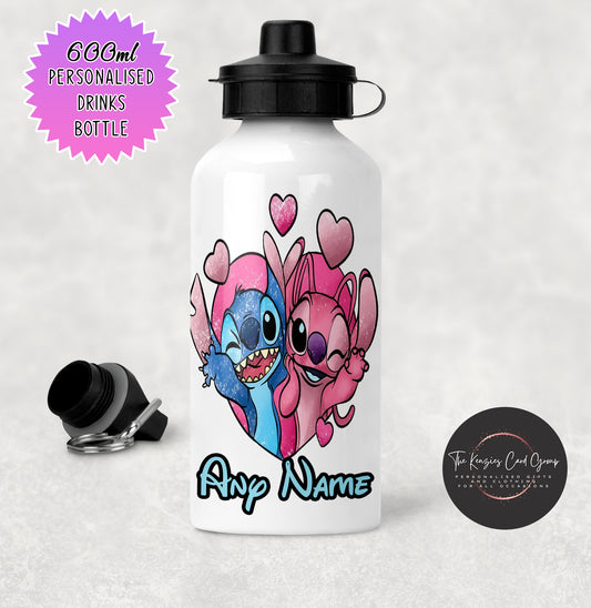 Personalised Disneys Lilo and Stitch 600ml Metal Water Bottle - Stitch and Angel Edtion