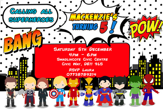 Personalised Superhero Birthday Party Invitations - Superhero Edition V5