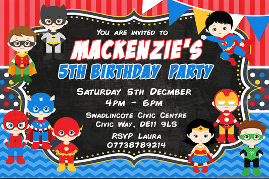 Personalised Superhero Birthday Party Invitations  - Super Edition V13
