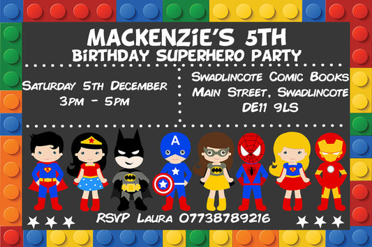Personalised Superhero Birthday Party Invitations - Superhero Edition V9