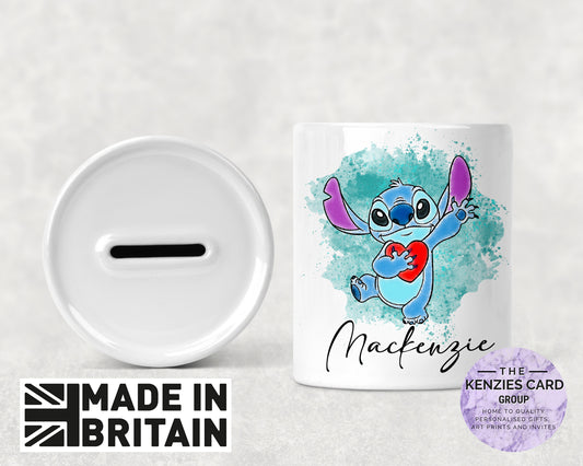 Personalised Stitch Watercolour Ceramic Money Box - Piggy Bank
