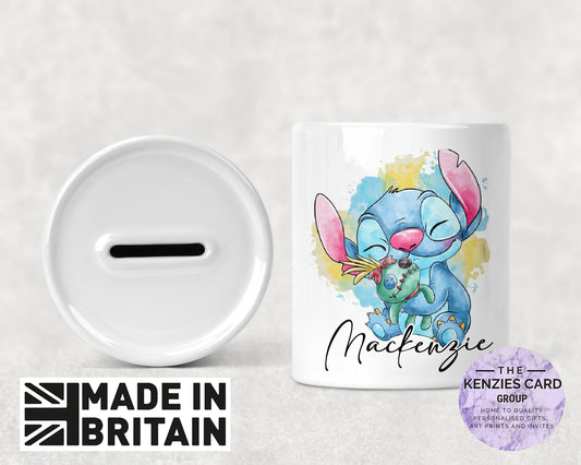 Personalised Stitch Watercolour Ceramic Money Box - Piggy Bank