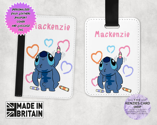 Personalised Dinsey Lilo and Stitch Crayon Stitch Matching Passport and Luggage Tag Sets
