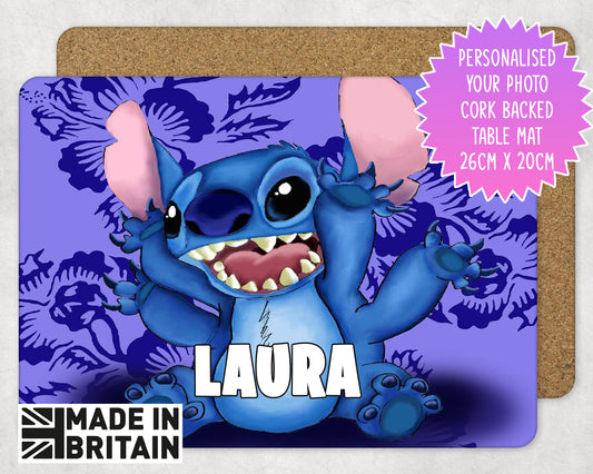 Personalised Glossy Woodern Disney Stitch Placemats and Coaster Set
