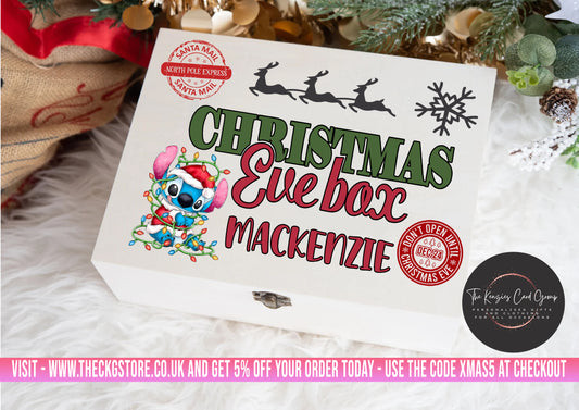 Personalised Christmas Eve Box - Wooden Christmas Eve Box - Stitch Edition