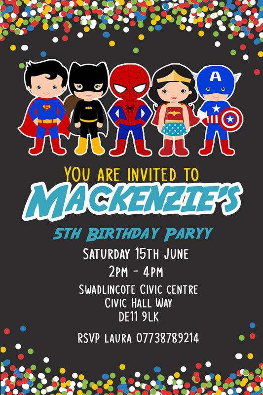 Personalised Superhero Birthday Party Invitations - Superhero Edition V6