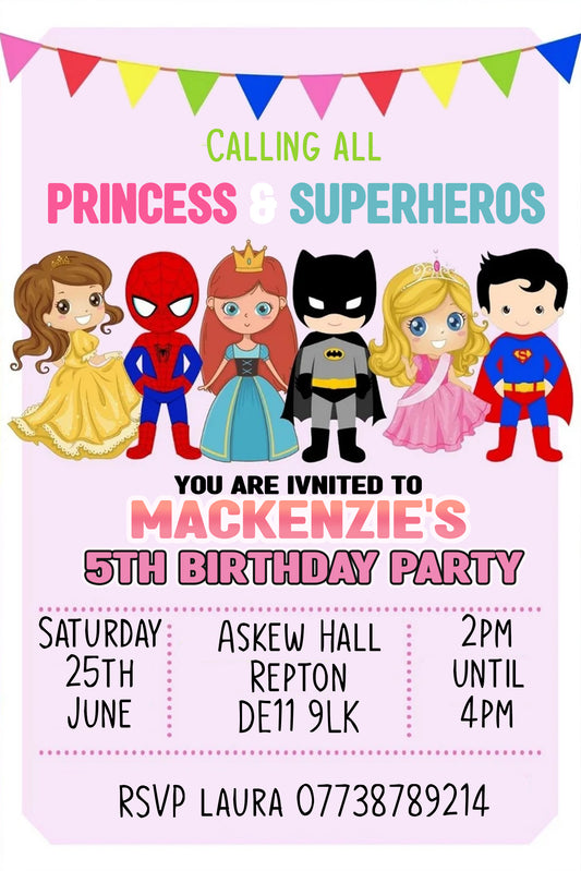 Personalised Superhero Birthday Party Invitations - Superhero And Princess Edition V2