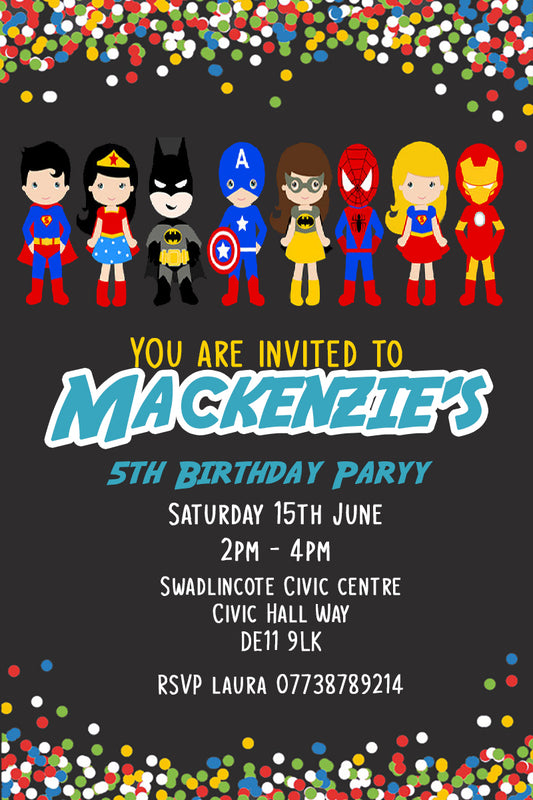 Personalised Superhero Birthday Party Invitations - Superhero Edition V4