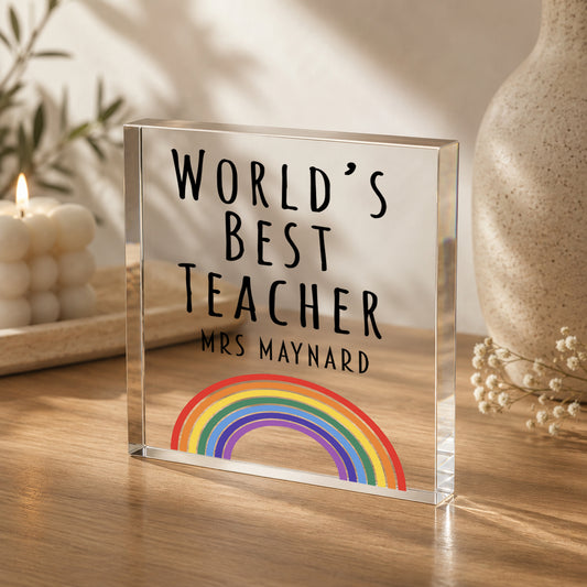 Personalised Acrylic Block Plaque Thank You Teacher Gift for TA Nursery Gift - World Best Teacher Edition V1
