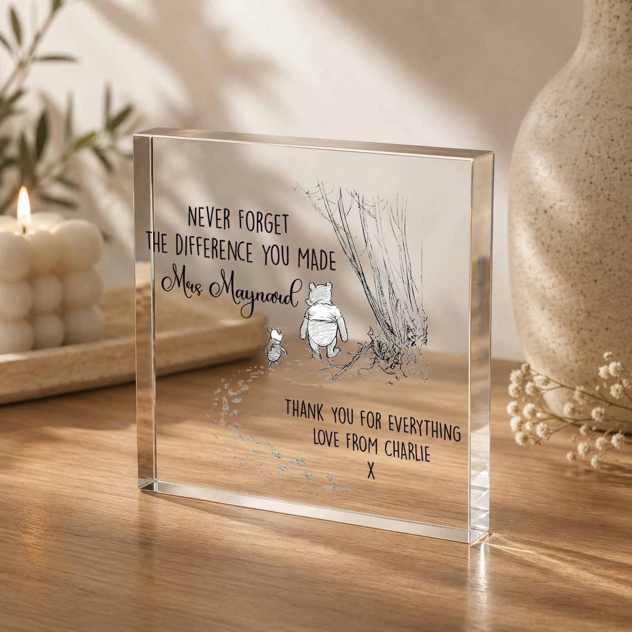 Personalised Acrylic Block Plaque Thank You Teacher Gift for TA Nursery Gift - Winnie The Pooh Edition V2