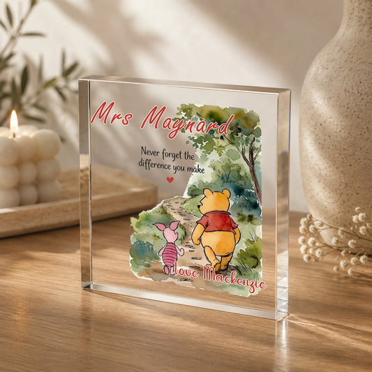 Personalised Acrylic Block Plaque Thank You Teacher Gift for TA Nursery Gift - Winnie The Pooh Edition