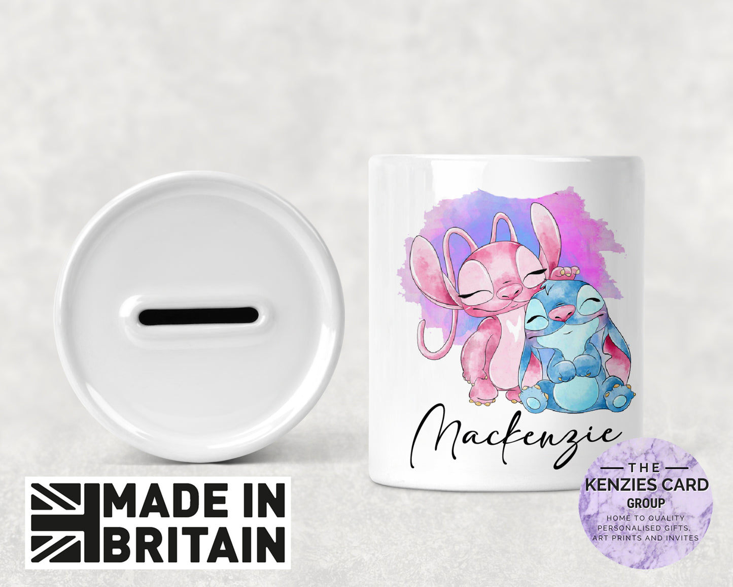 Personalised Stitch and Angel Watercolour Ceramic Money Box - Piggy Bank
