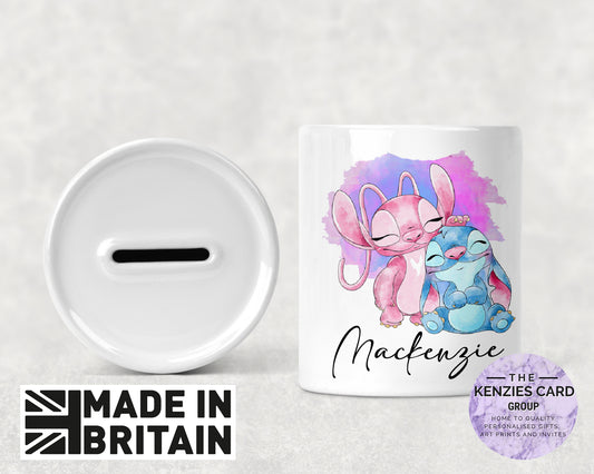 Personalised Stitch and Angel Watercolour Ceramic Money Box - Piggy Bank