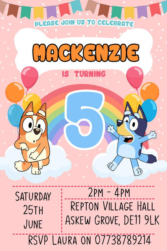 Personalised Bluey Bingo and Rolley Birthday Party Invites - Printed Invites
