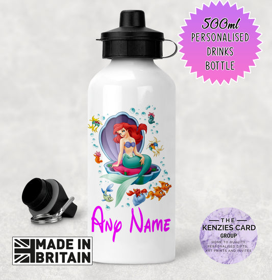 Personalised Disney Princess 500ml Metal Water Bottle - Little Meramaid Princess Ariel Edition