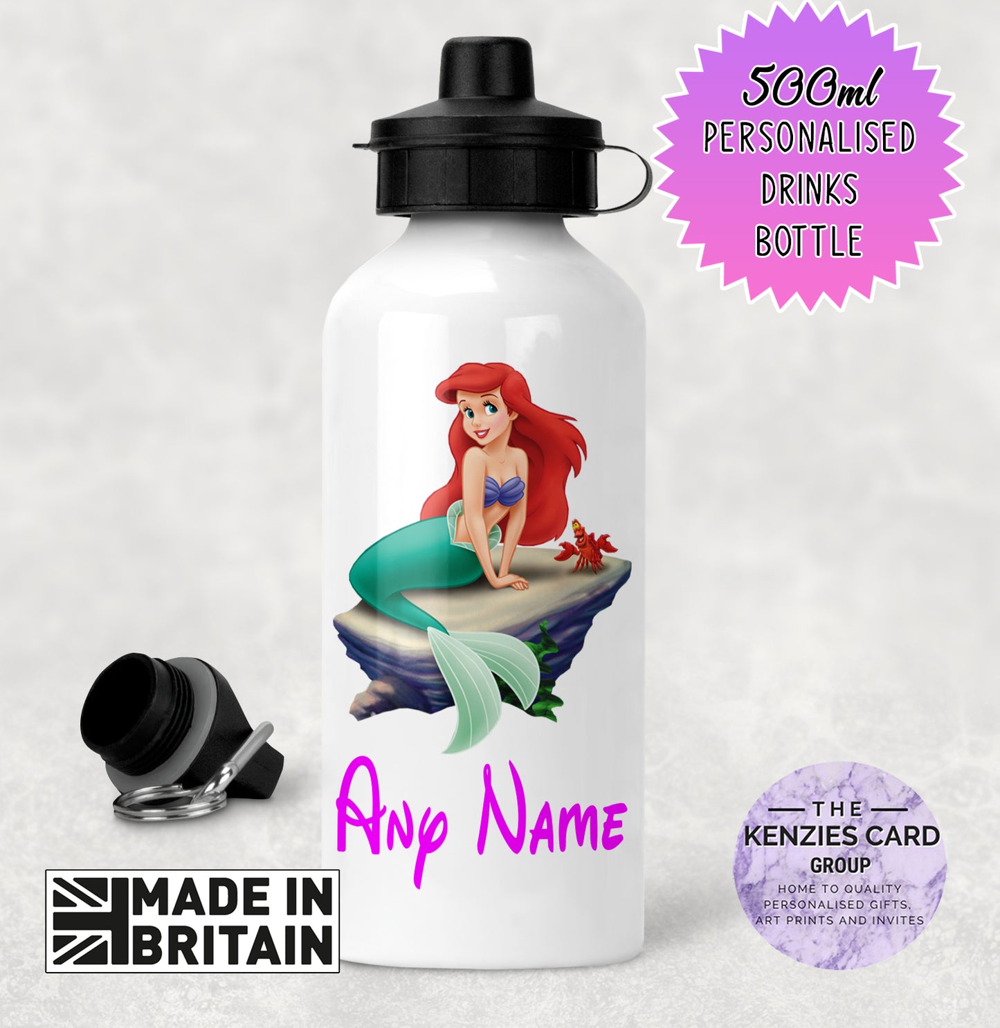 Personalised Disney Princess 500ml Metal Water Bottle - Little Meramaid Princess Ariel Edition