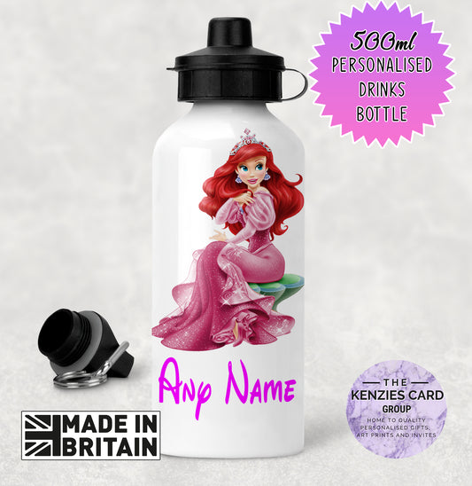 Personalised Disney Princess 500ml Metal Water Bottle - Little Meramaid Princess Ariel Edition