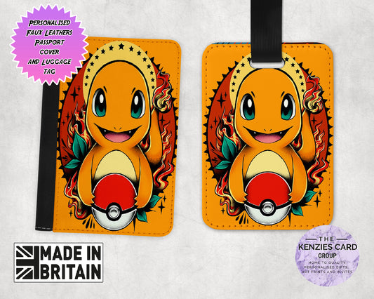 Personalised Pokemon Pikachu Passport Cover and Luggage Tag Sets - Charmander Edition